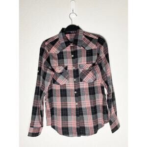 Design In Italy Luxury Women's Plaid Flannel Pink Gray Button Up Roll Tab Sleeve